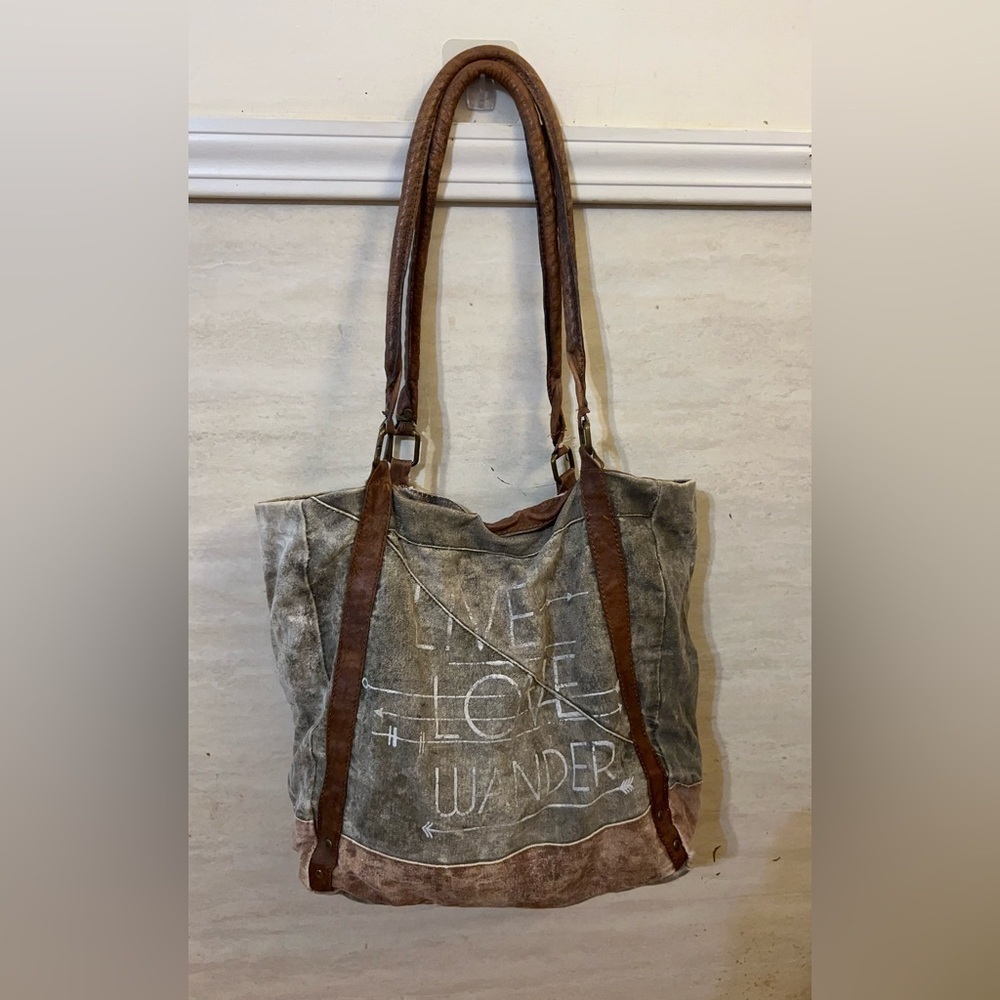 Mona B. Canvas Rustic, Eco Friendly Tote LIVE LOVE WANDER 100% Leather